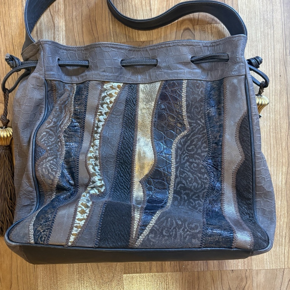 VTG Brizzolari Brown Genuine Leather Shoulder Bag Made in Italy Cinch Patchwork